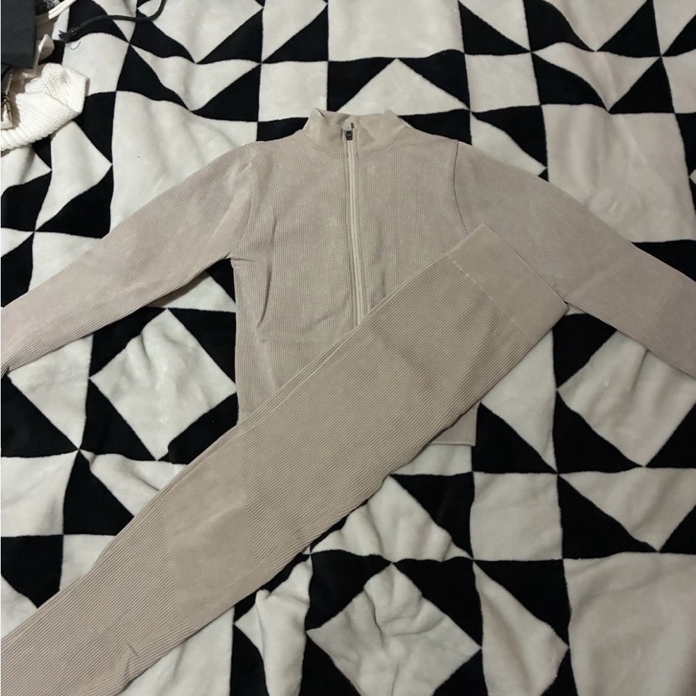 Beige Zip-Up Jacket and Pants Set